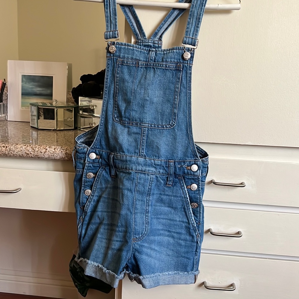 Madewell Women’s Adirondack Overall Shorts in Denville Wash with Cutoff Hem